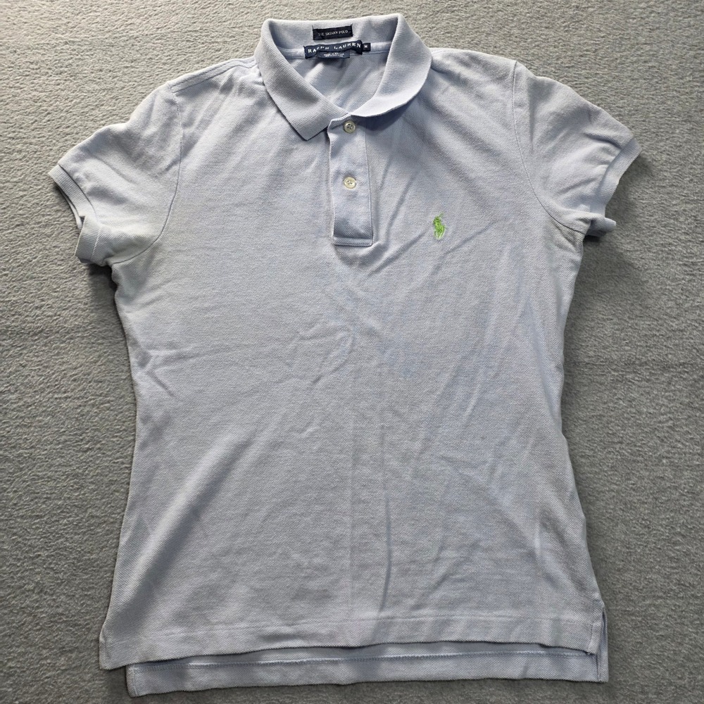 Ralph Lauren The Skinny Polo Shirt Womens Medium Light‎ Blue Cotton Short Sleeve